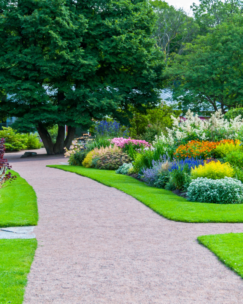 Jardin aménagé avec des fleurs, des plantes et un chemin